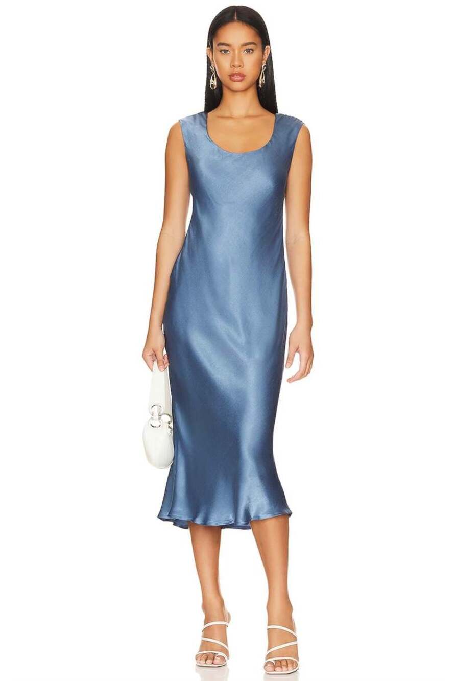 ASTR The Label Makenna Satin Slip Blue Elegant Minimalist Tie Back Midi NWT S